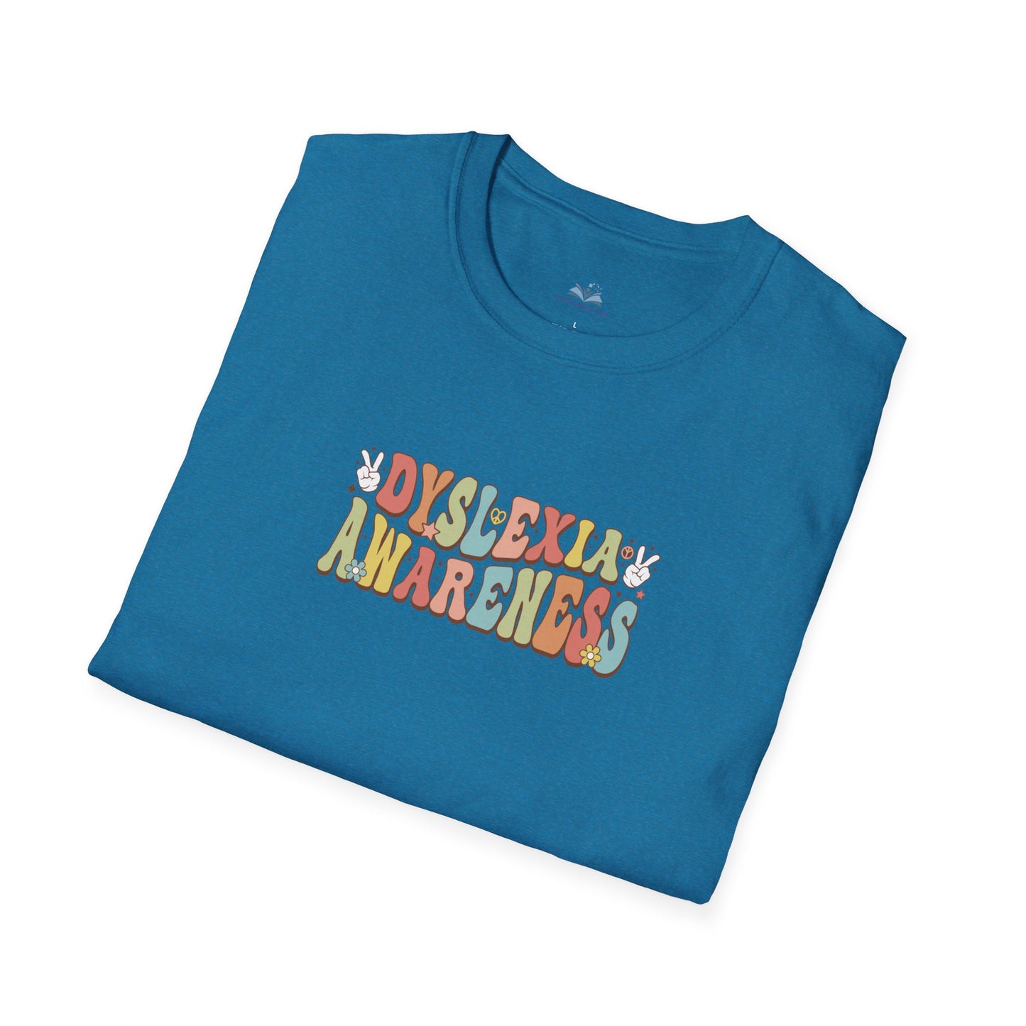 Folded blue t-shirt with 'Dyslexia Awareness' text on a white background
