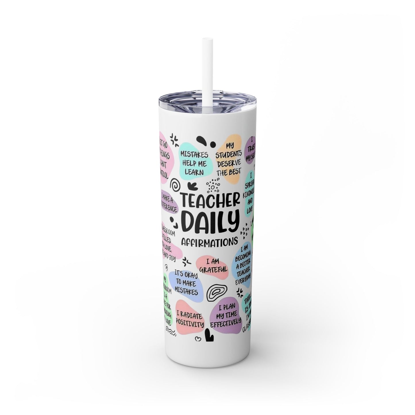 Tumbler with colorful text and graphics on a white background
