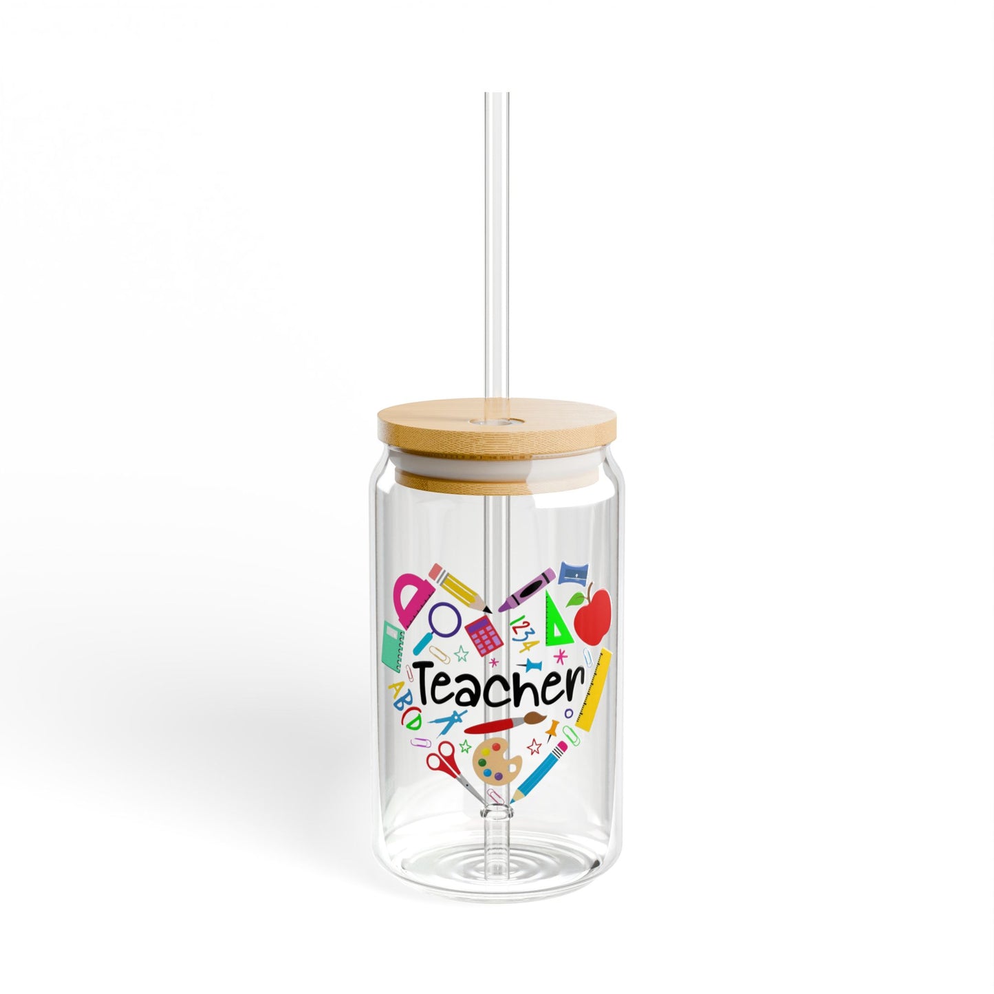 Clear tumbler with wooden lid and colorful 'Do You Love Teacher?' design on a white background