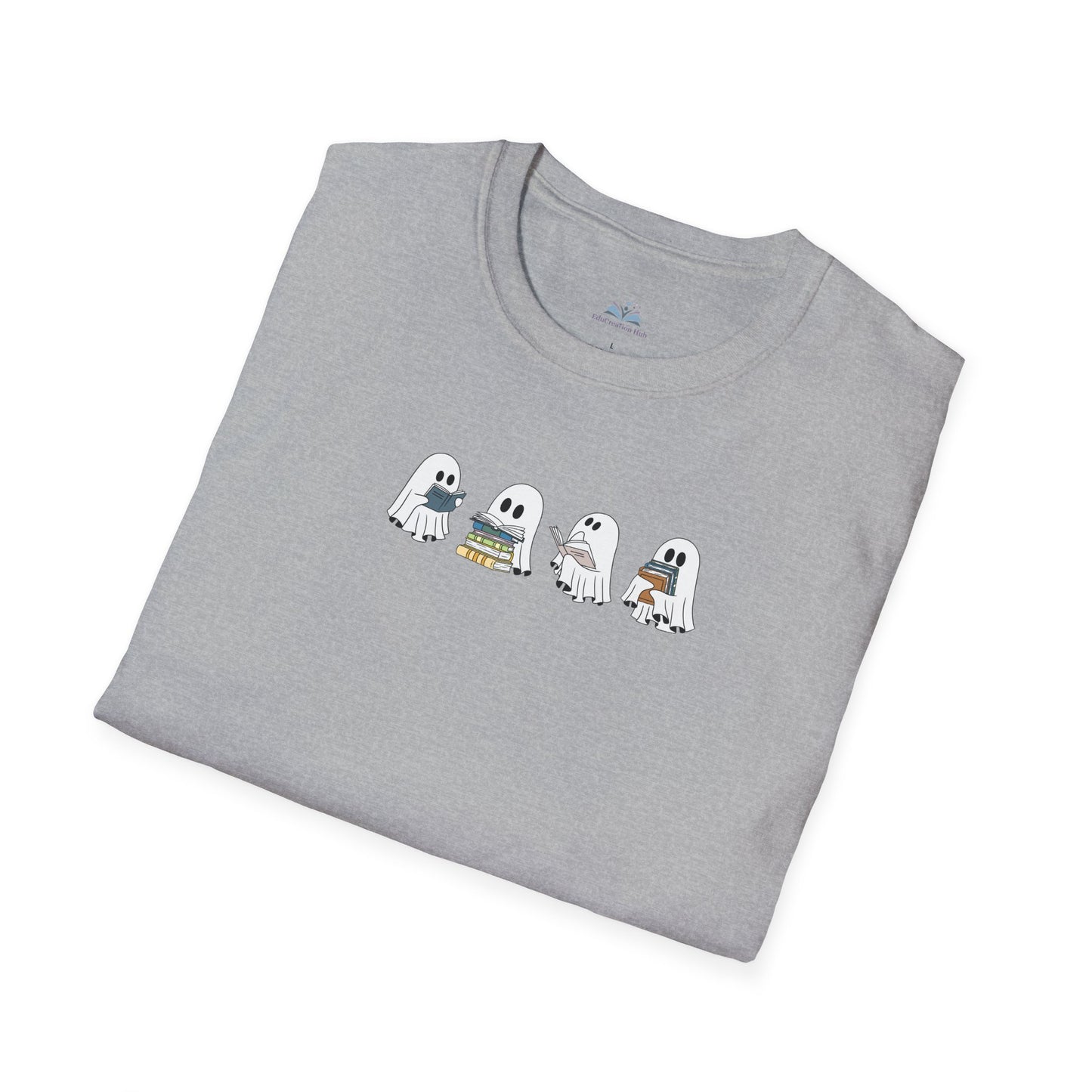 Folded gray t-shirt with cartoon ghosts design on a white background