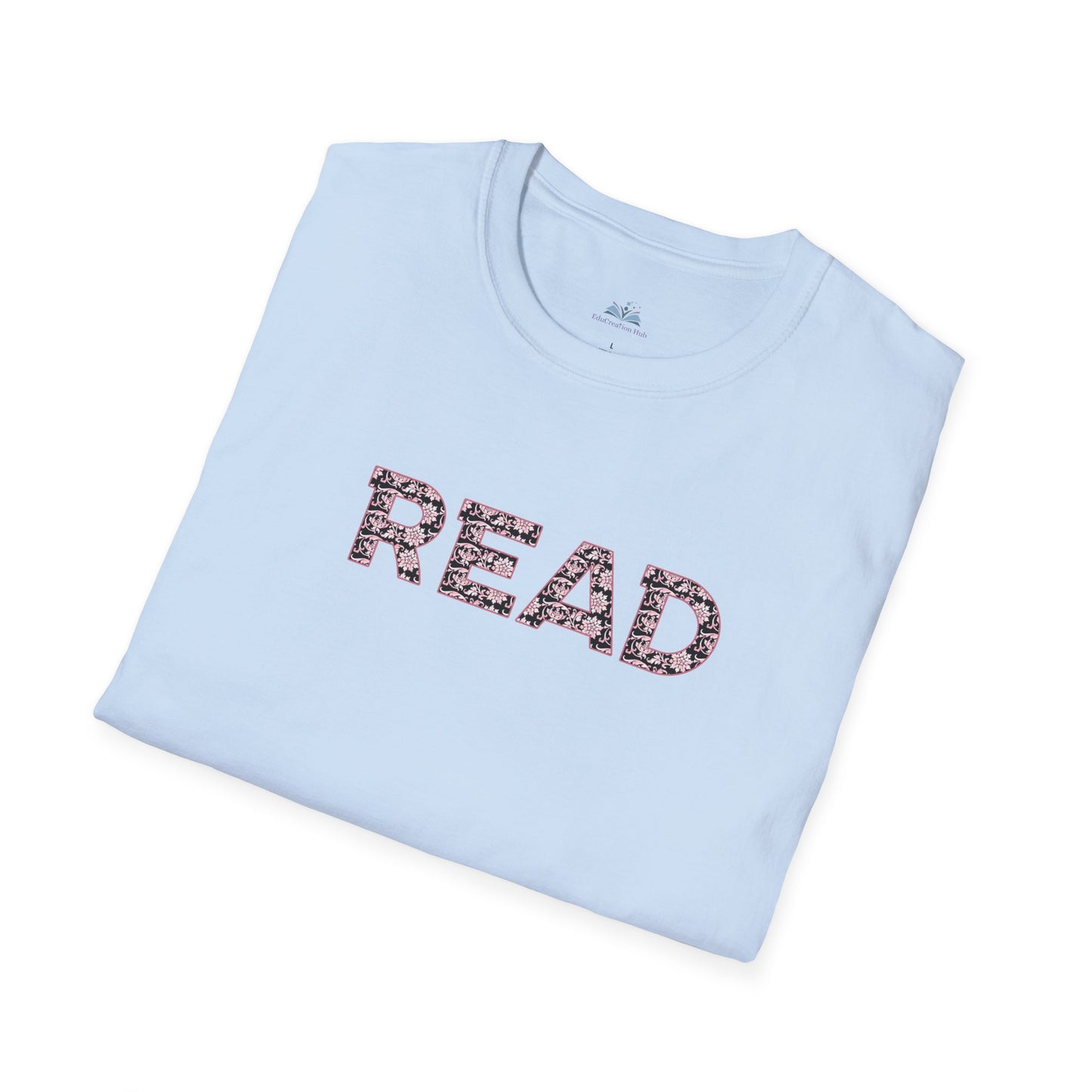 Light blue t-shirt with 'READ' printed on it, folded on a white background