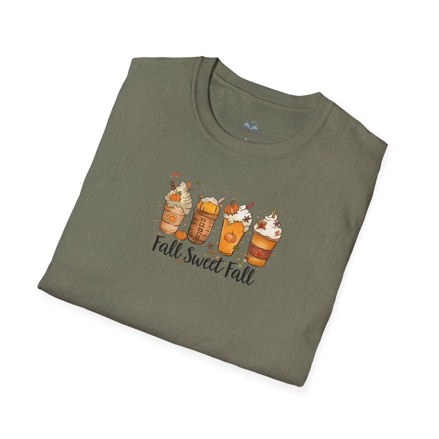 Folded green t-shirt with 'Fall Sweet Fall' design on a white background