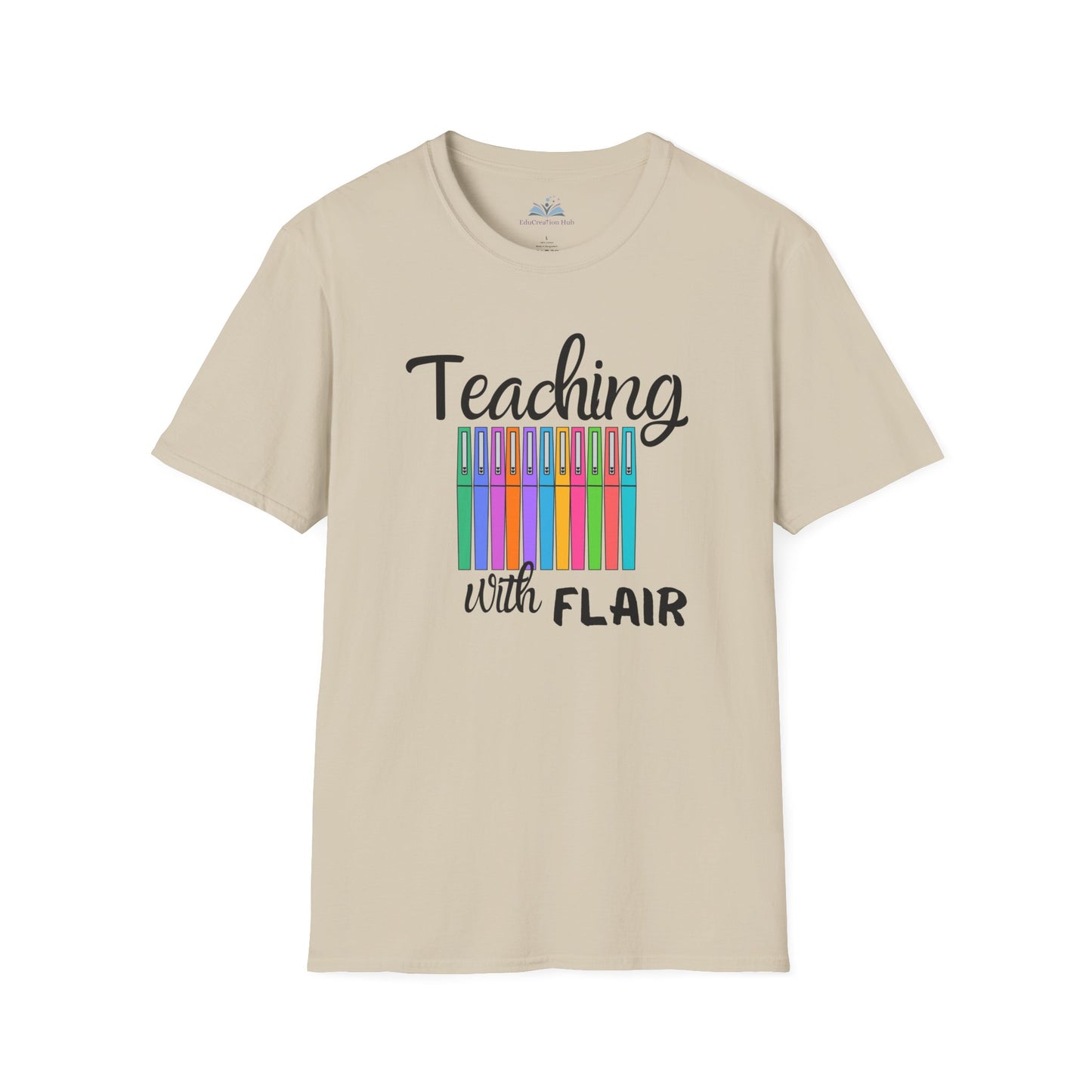 Beige t-shirt with 'Teaching with Flair' text and colorful design on a white background