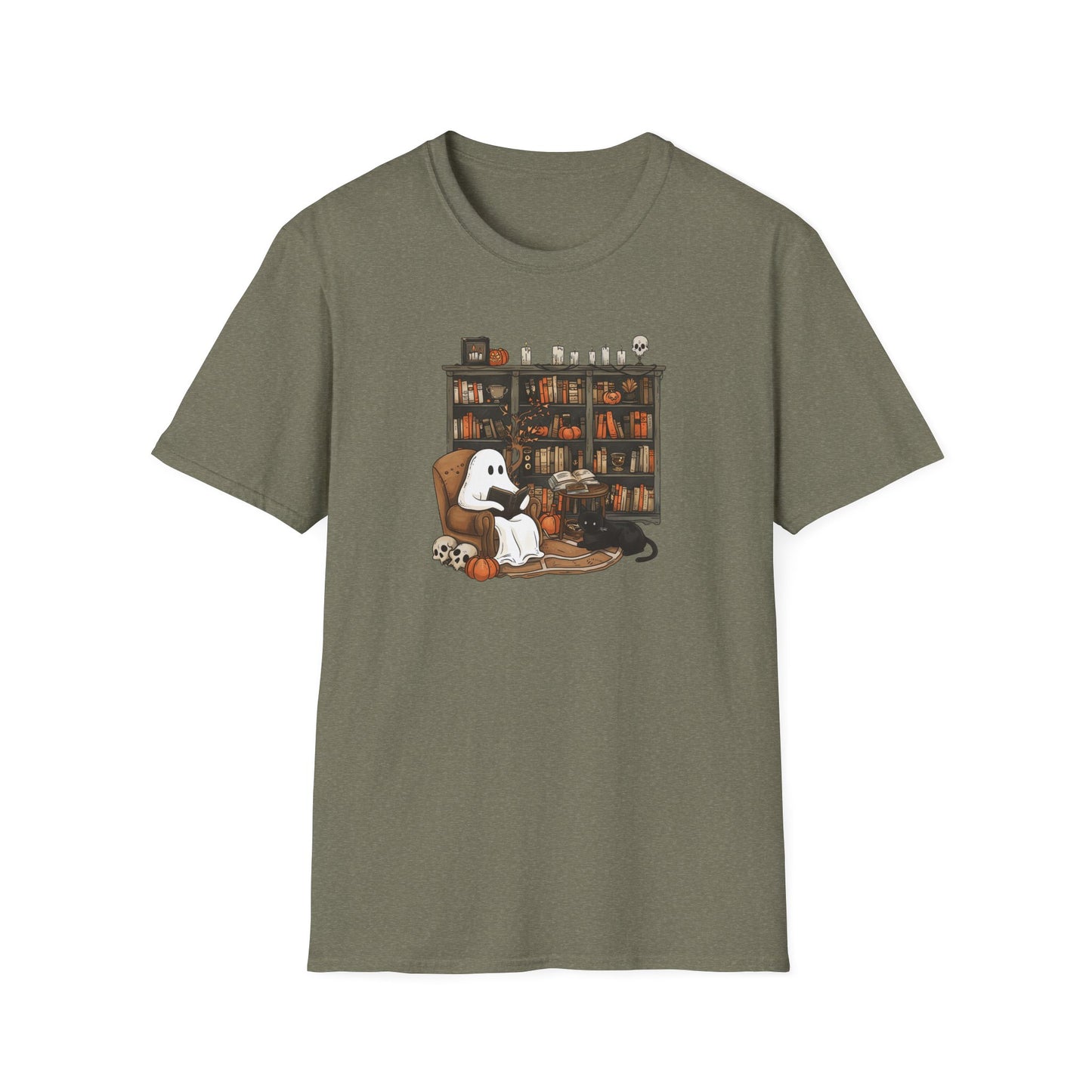 Green t-shirt with a graphic of a ghost, dog, and cat in a library on a white background