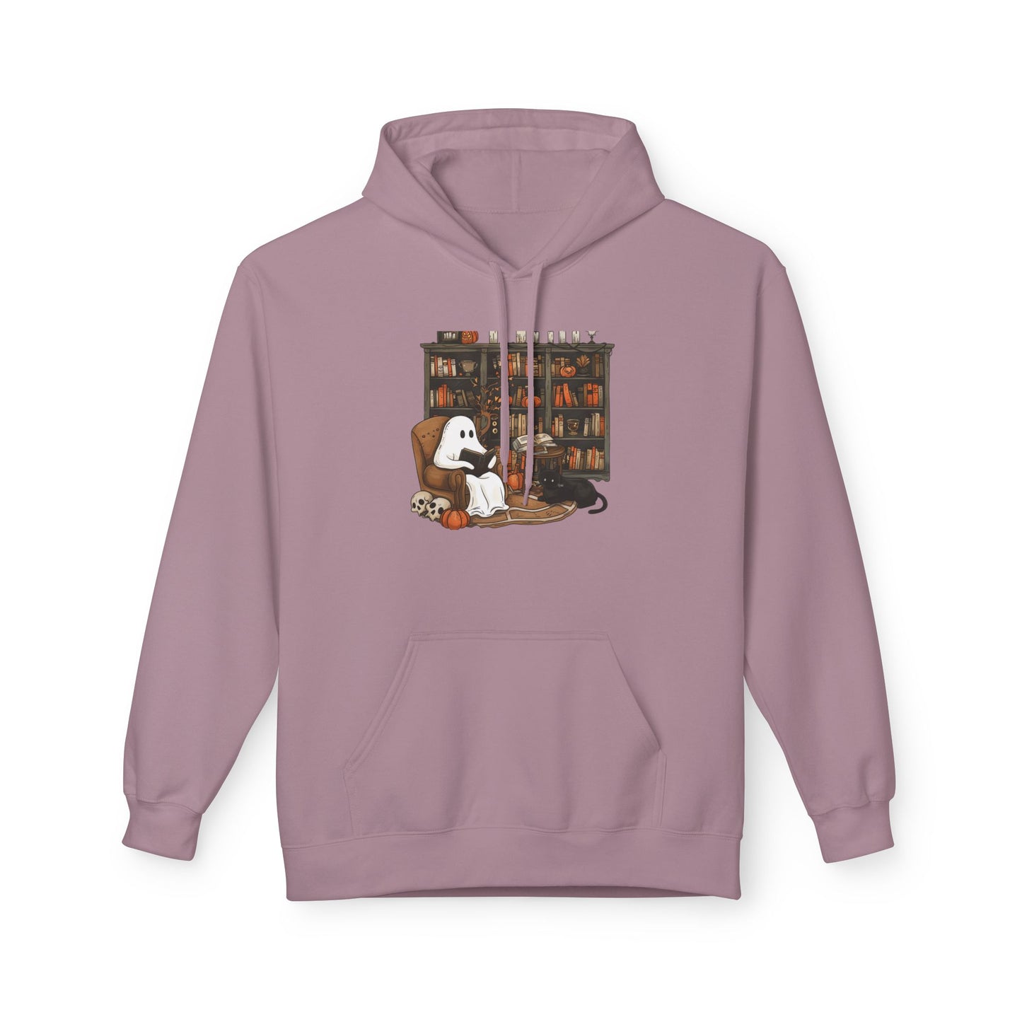 Purple hoodie with a graphic of a ghost, dog, and cat in a library on a white background