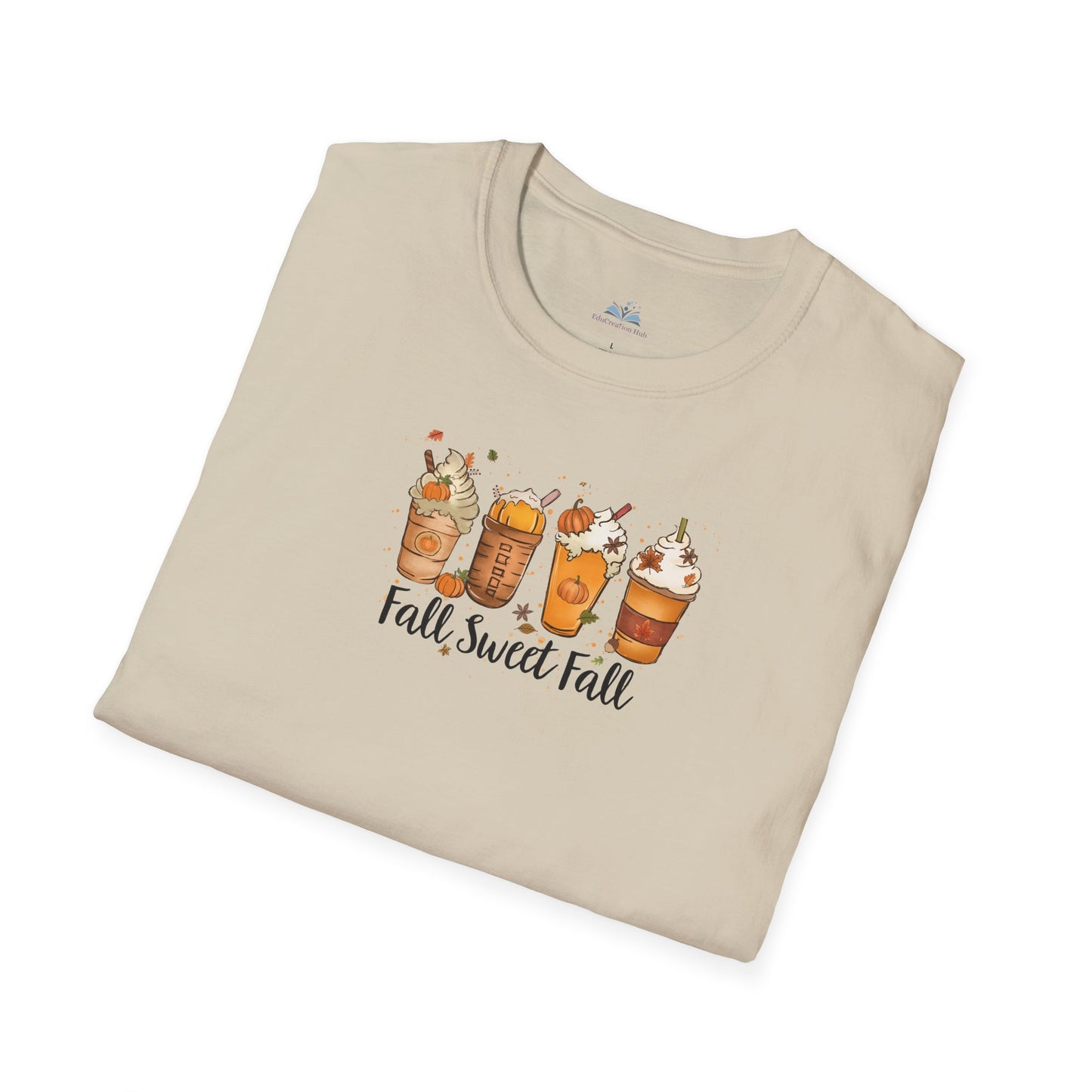 Folded beige t-shirt with 'Fall Sweet Fall' graphic on a white background