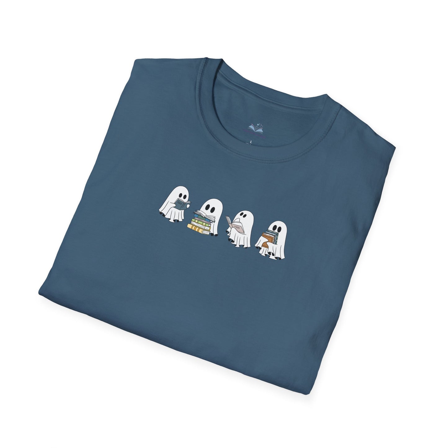 Folded blue t-shirt with cartoon ghosts design on a white background