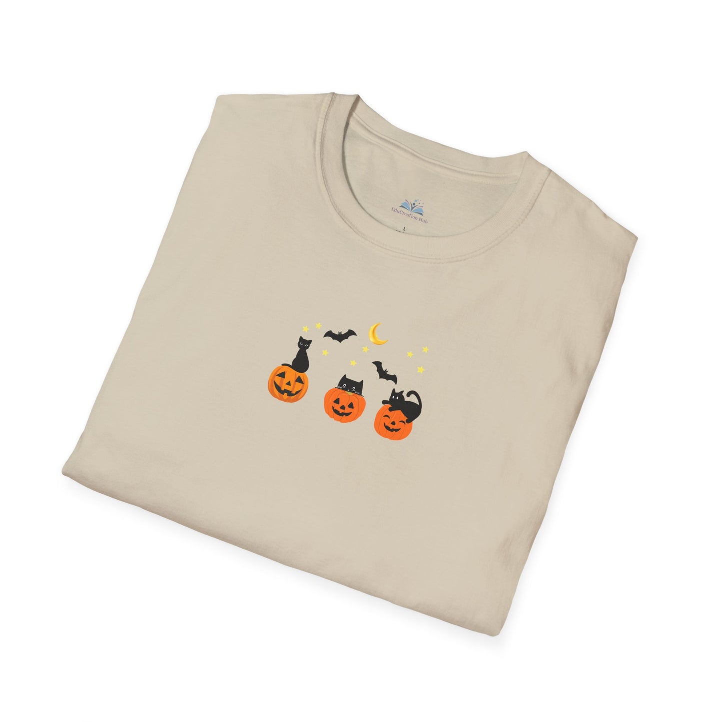 Folded beige t-shirt with Halloween design on a white background