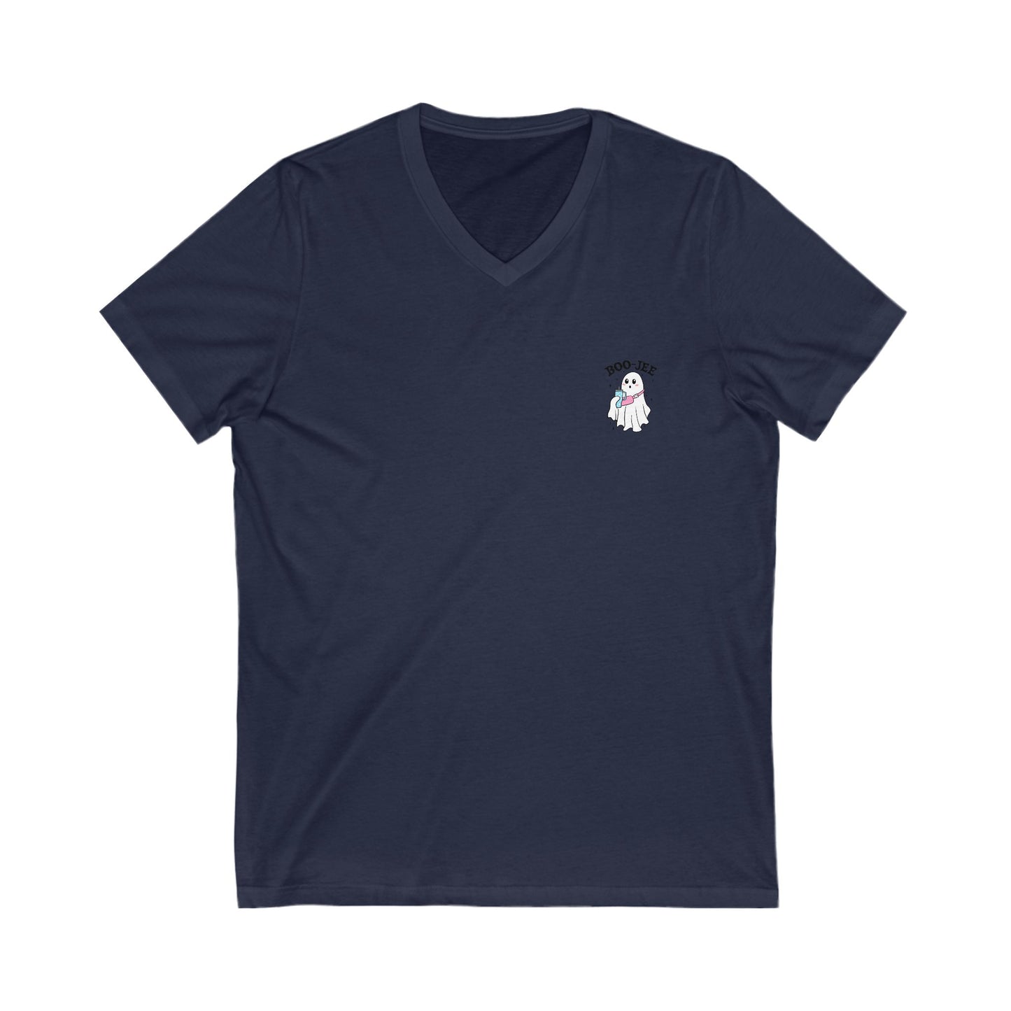 Navy blue t-shirt with a small white ghost design on a white background