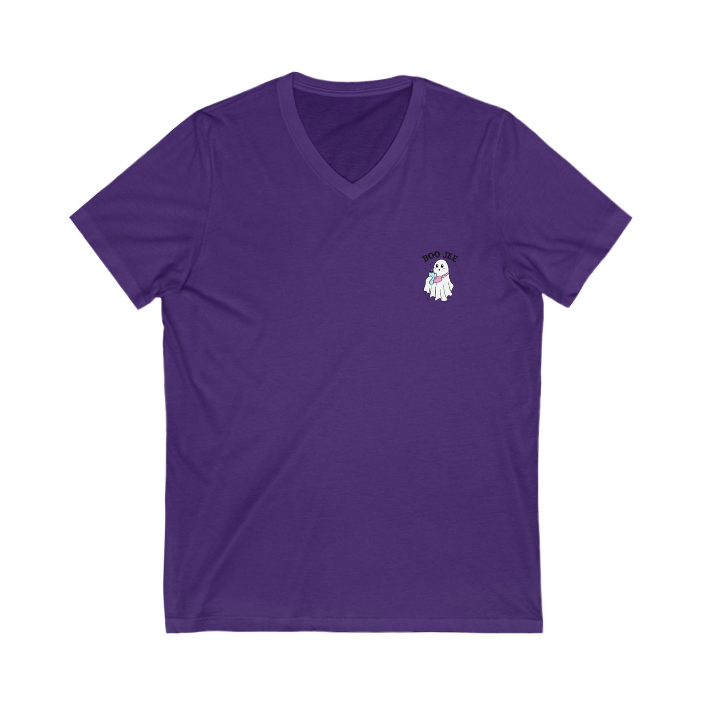 Purple t-shirt with a small white ghost design on a white background