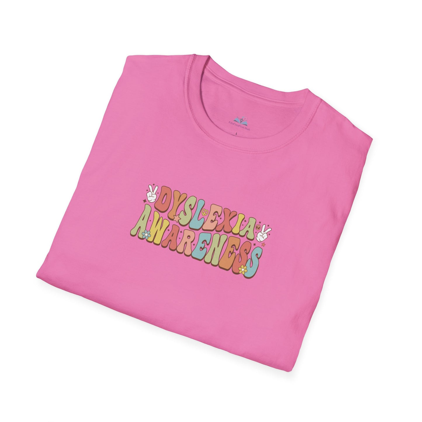 Pink t-shirt with 'Dyslexia Awareness' text on a white background