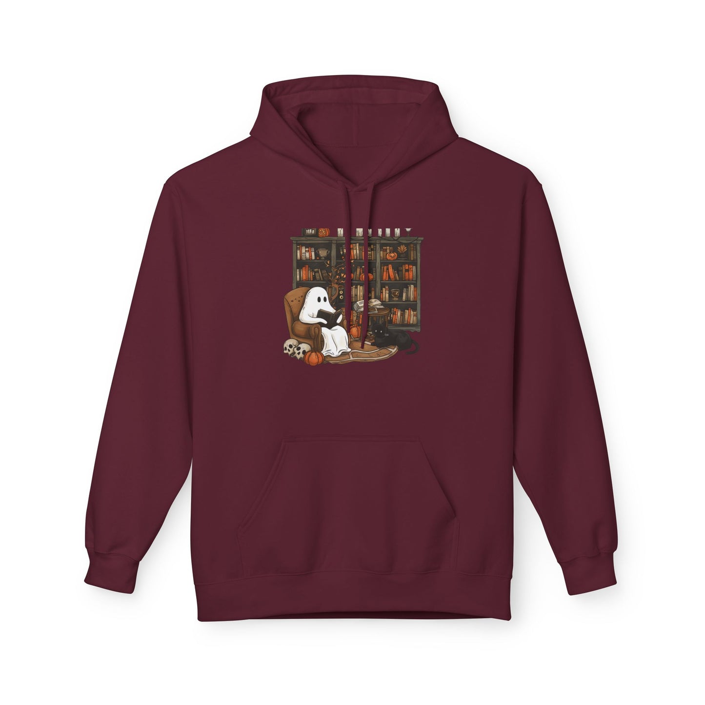 Maroon hoodie with a ghost and dog illustration on a white background