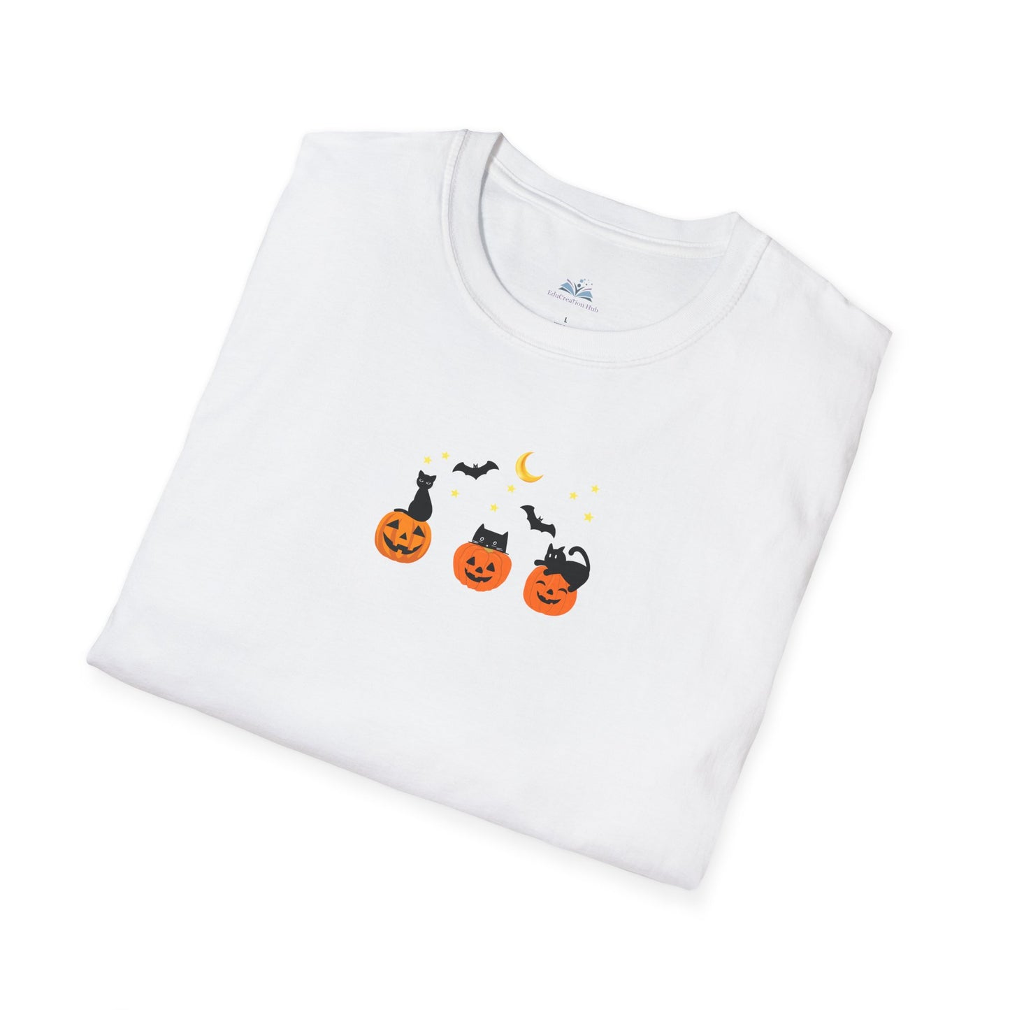 White t-shirt with Halloween-themed design on a white background