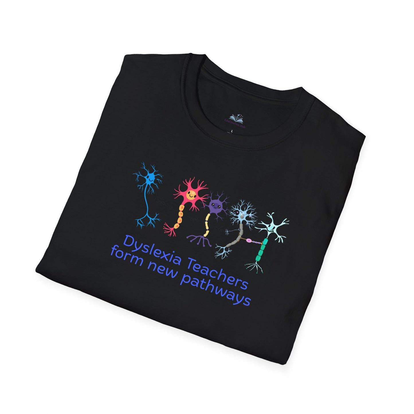 Black t-shirt with colorful neuron graphics and text on a white background
