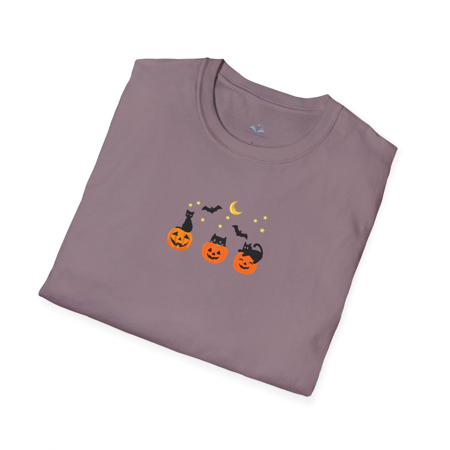 Folded purple t-shirt with Halloween design on a white background