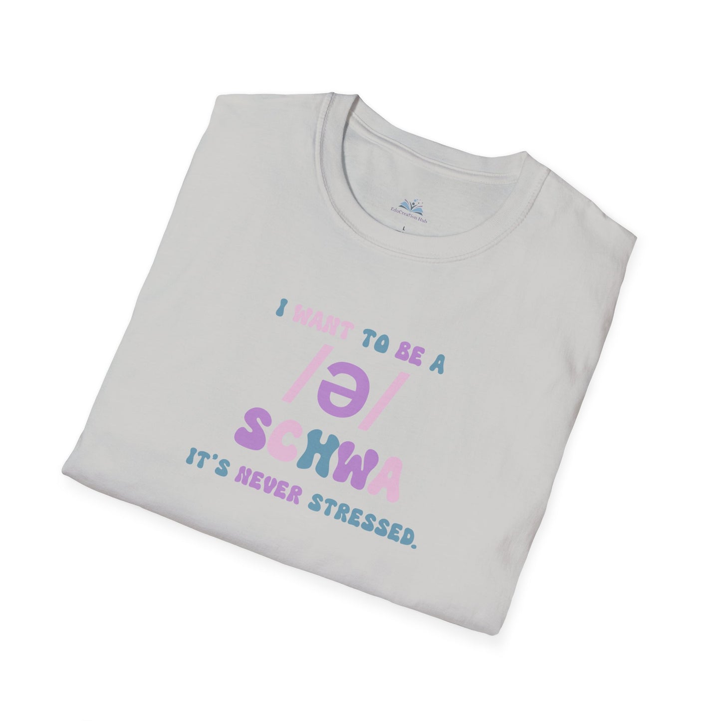 Folded gray t-shirt with colorful text on a white background
