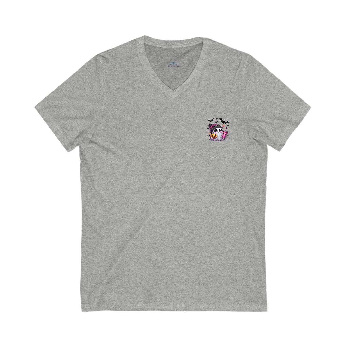 Gray t-shirt with a small colorful design on the chest against a white background