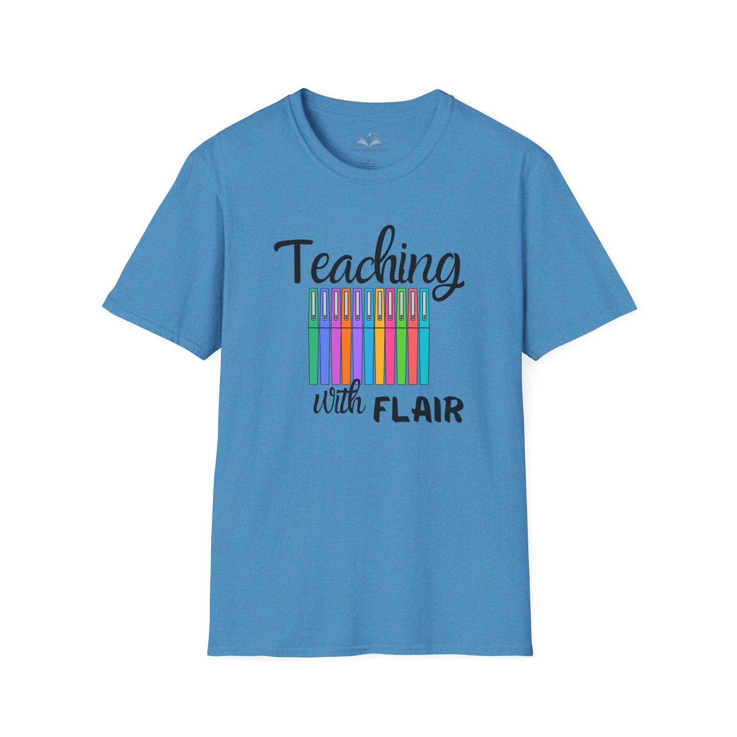 Blue t-shirt with 'Teaching with Flair' text and colorful design on a white background