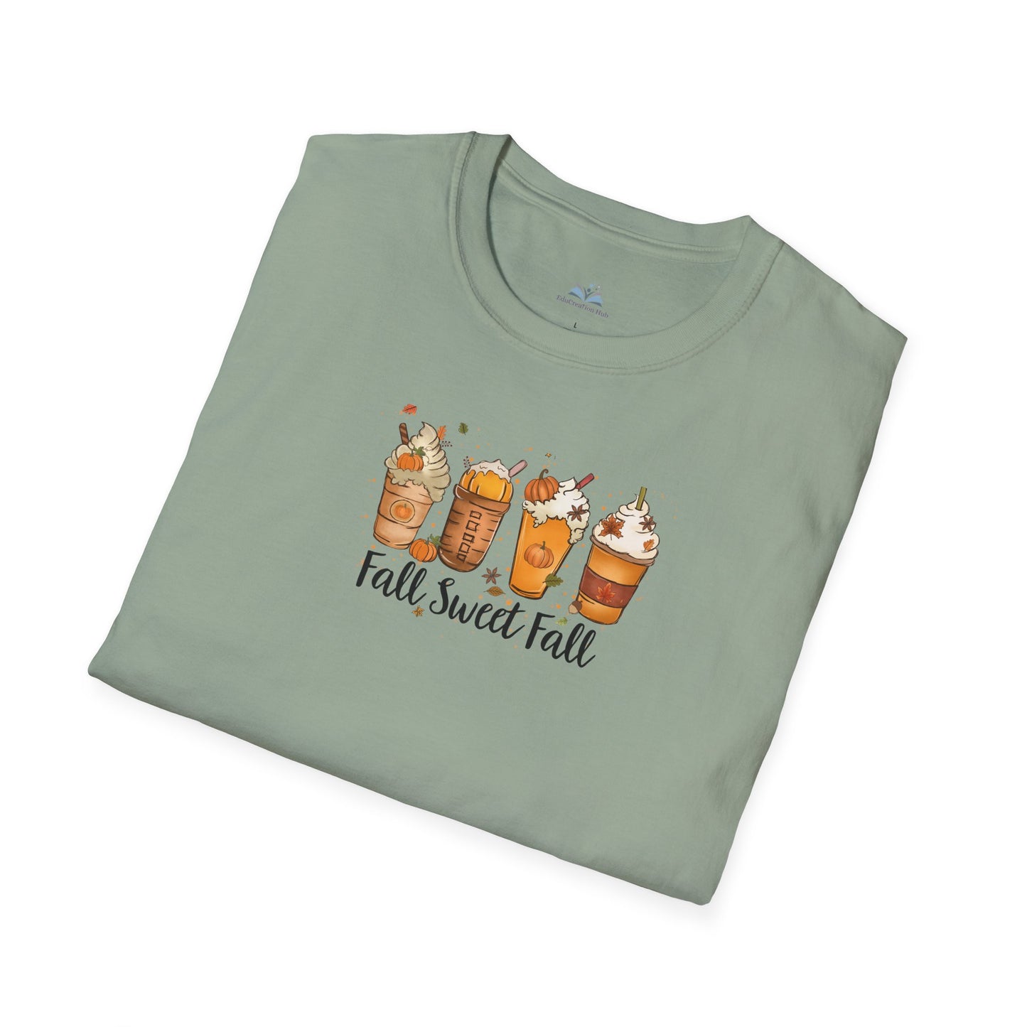 Folded green t-shirt with 'Fall Sweet Fall' text and pumpkin spice latte graphics on a white background