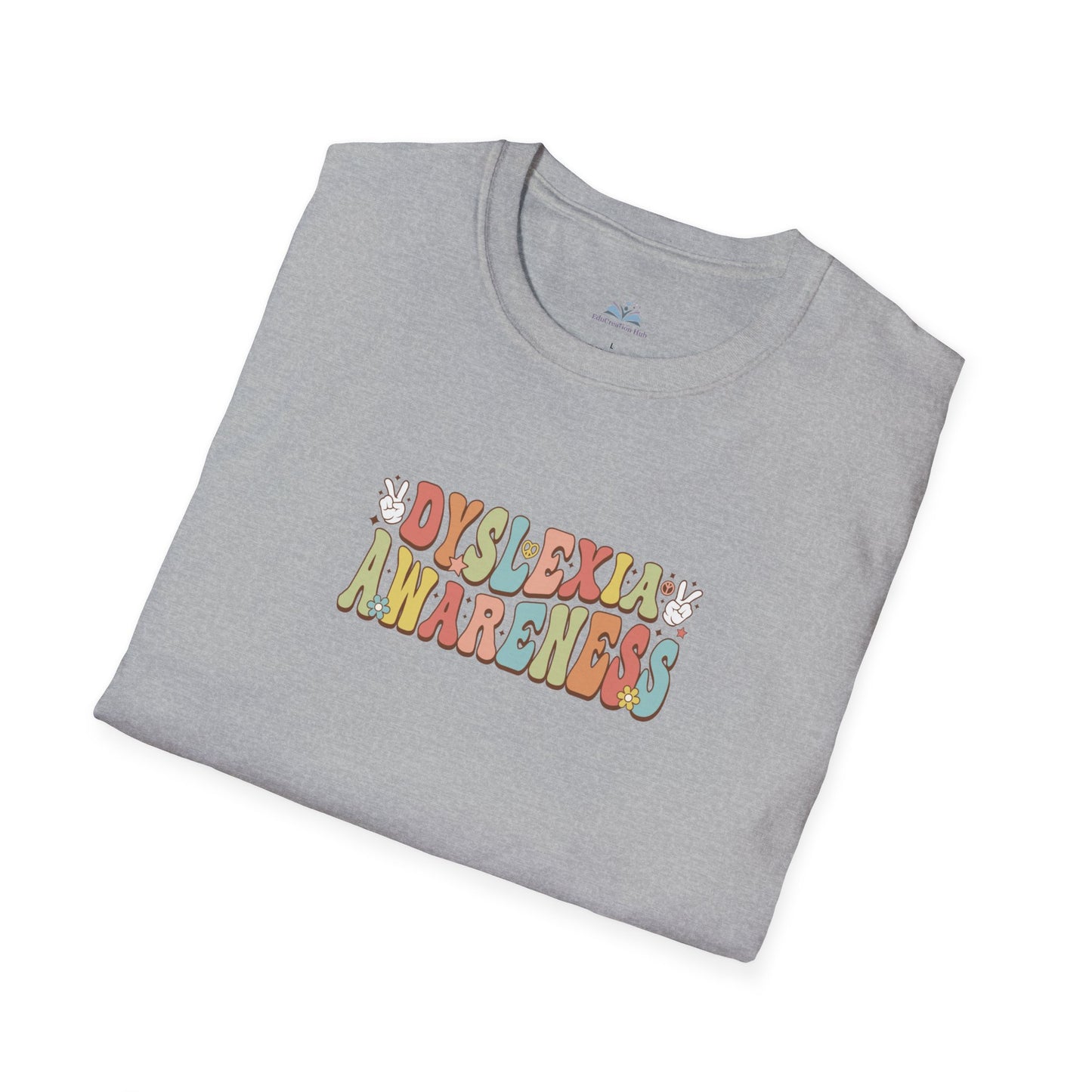 Folded gray t-shirt with 'Dyslexia Awareness' text in colorful letters on a white background