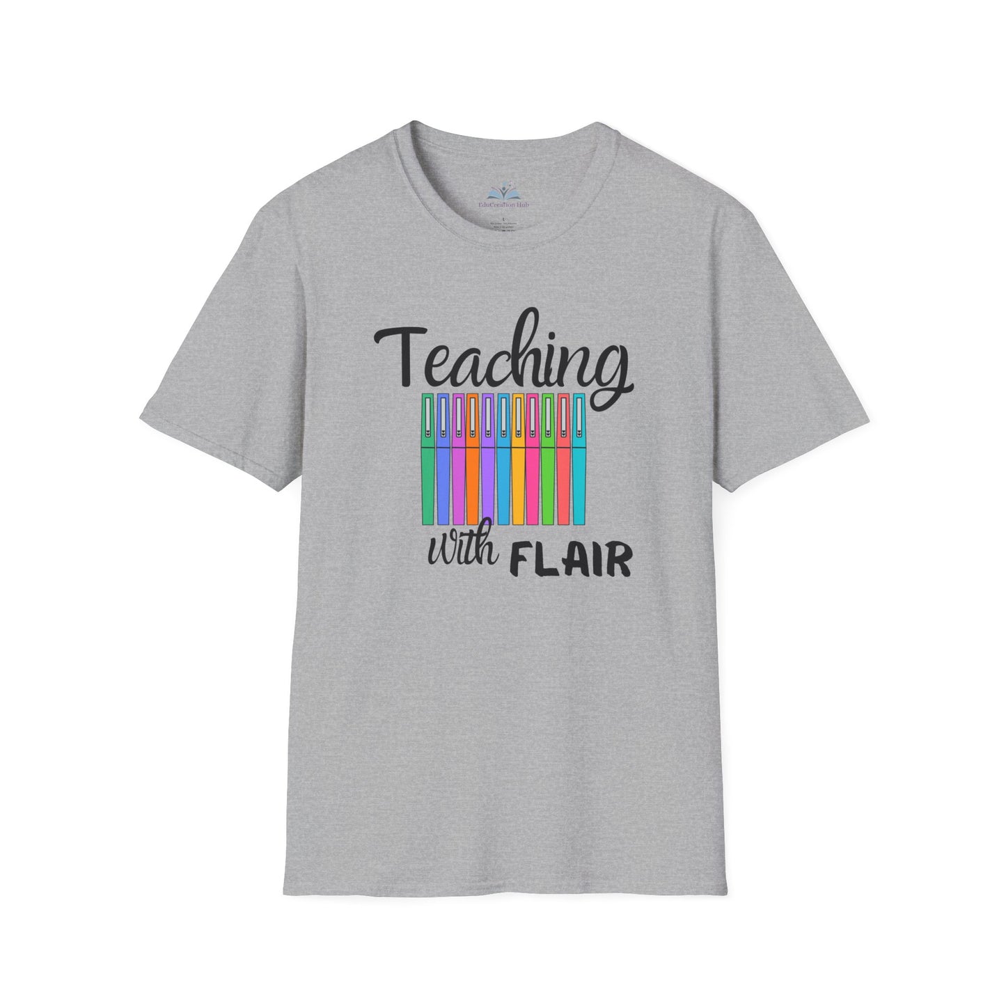 Gray t-shirt with 'Teaching with Flair' text and colorful design on a white background