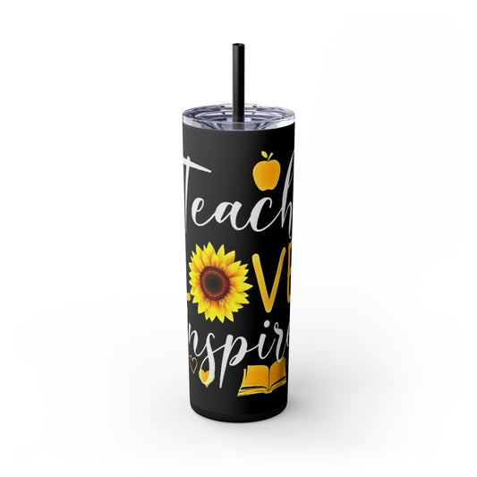 Black tumbler with sunflower, apple, and book design on a white background