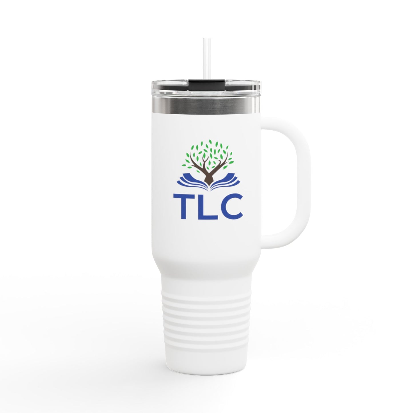 White travel mug with TLC logo on a white background