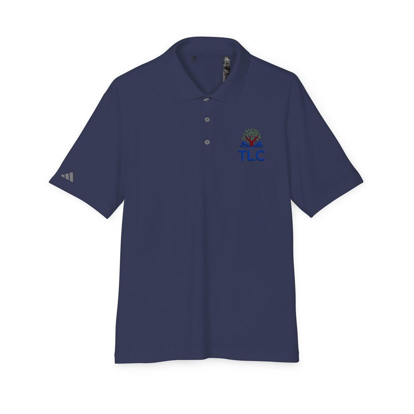 Navy blue polo shirt with a logo and 'TLC' text on a white background