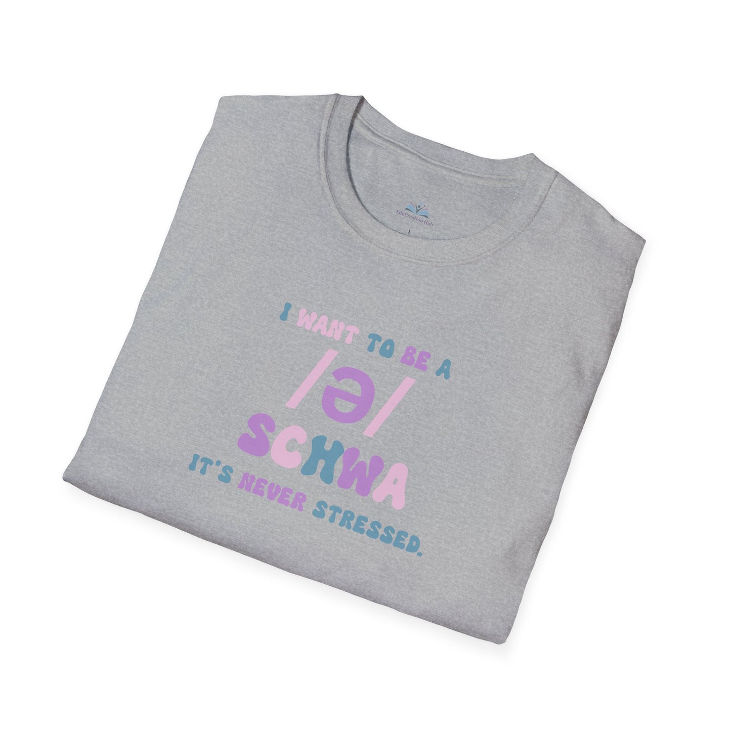 Folded gray t-shirt with colorful text on a white background