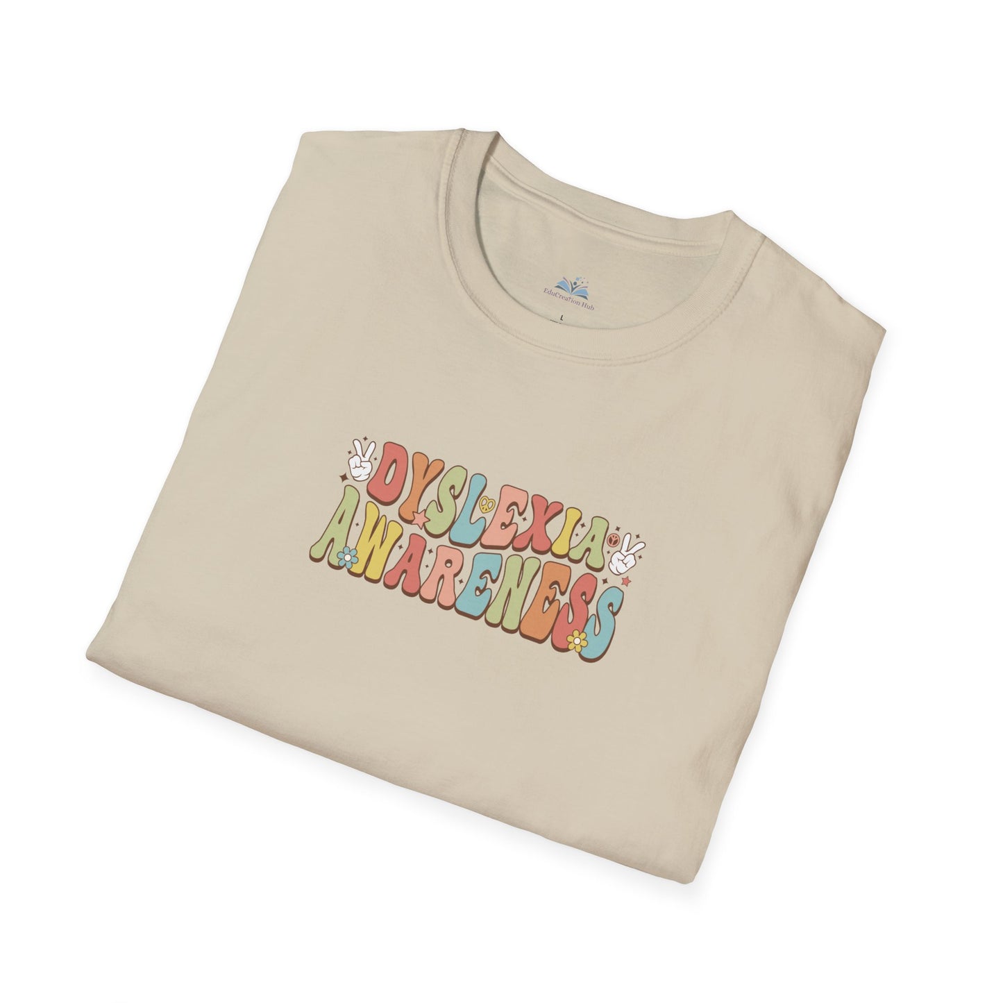 Beige t-shirt with 'Dyslexia Awareness' text on a white background