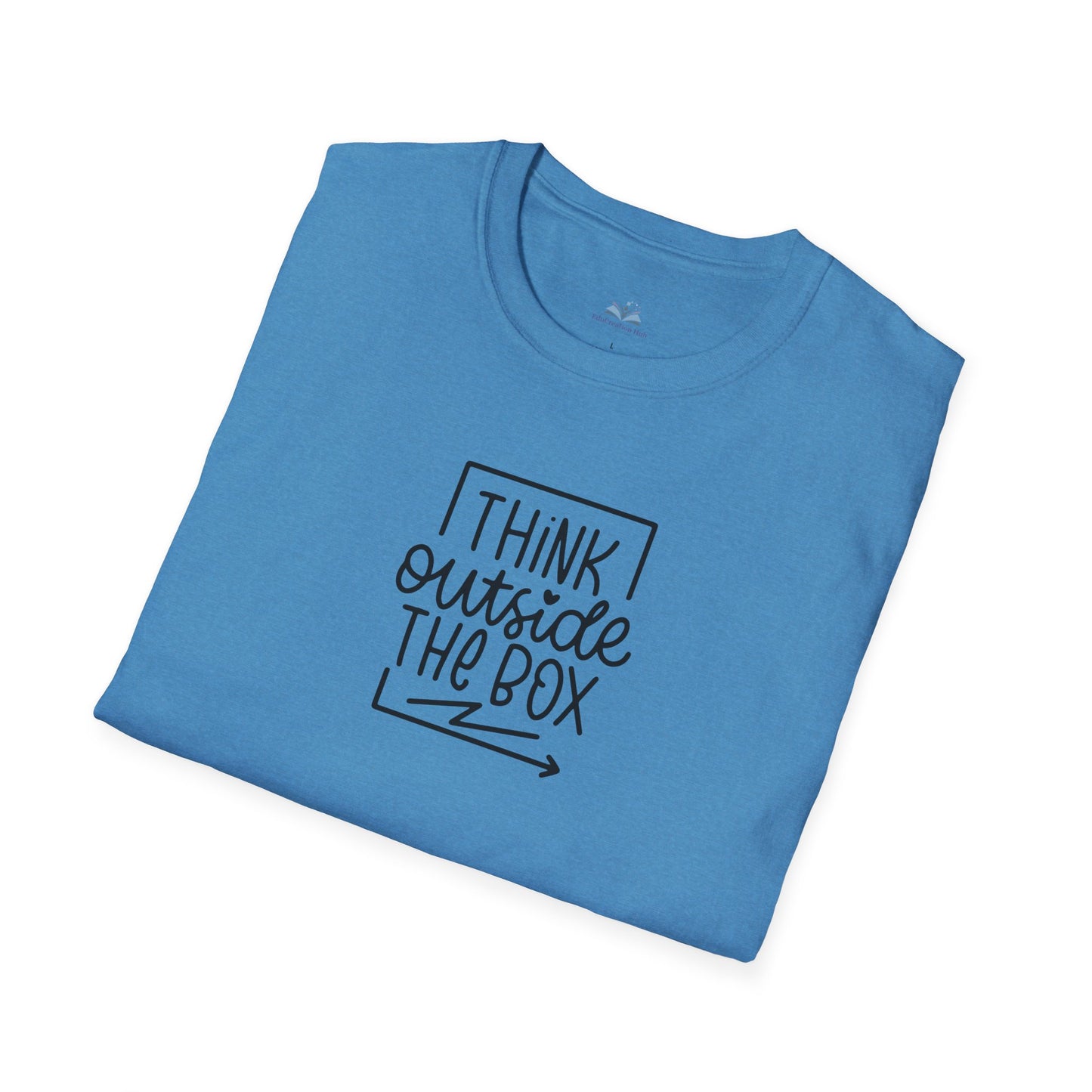 Folded blue t-shirt with 'I think outside the box' text on a white background