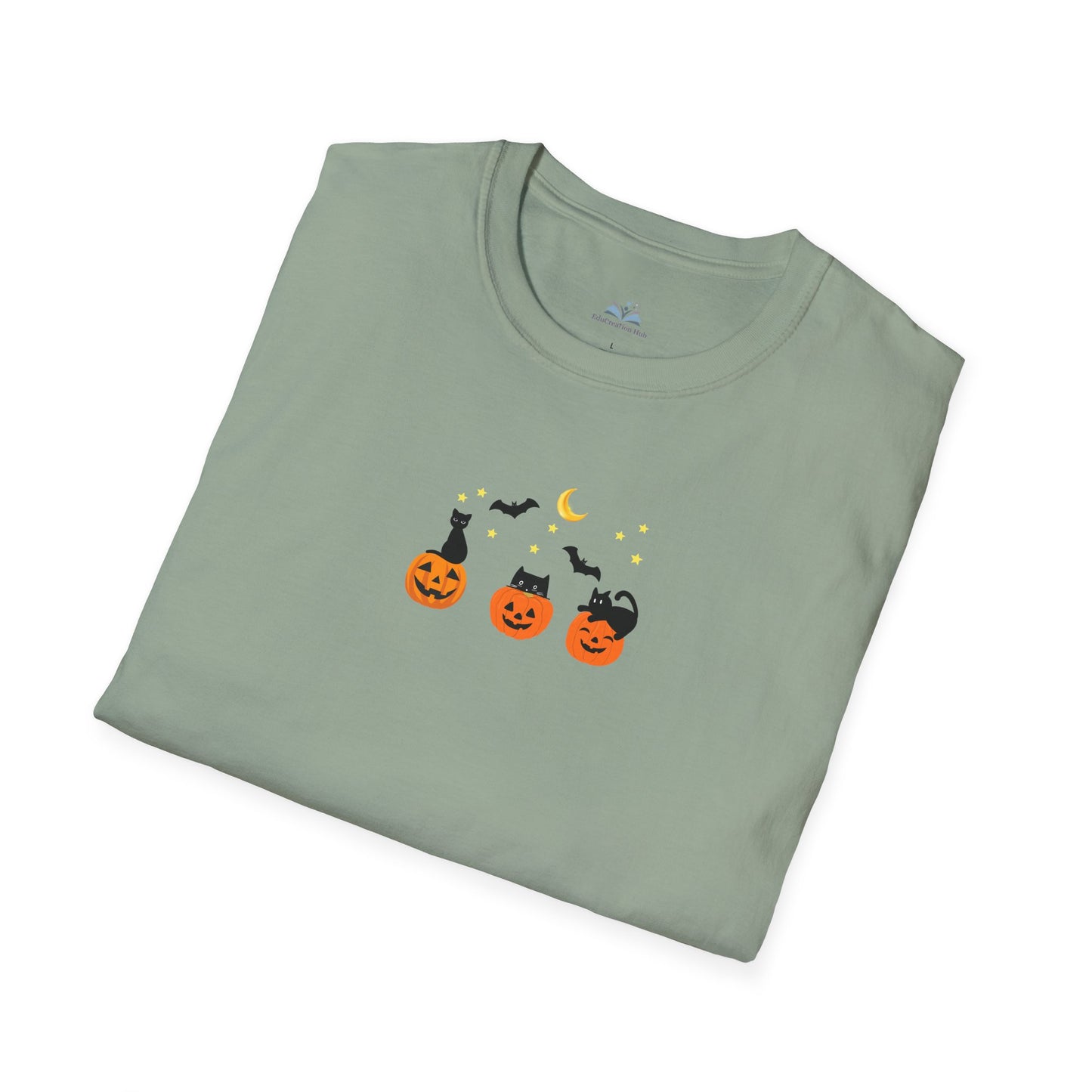Folded green t-shirt with Halloween design on a white background
