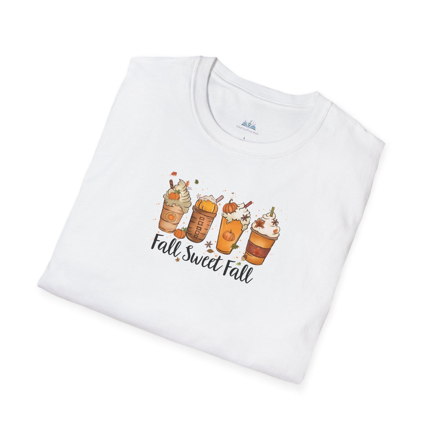 White t-shirt with 'Fall Sweet Fall' graphic design on a white background