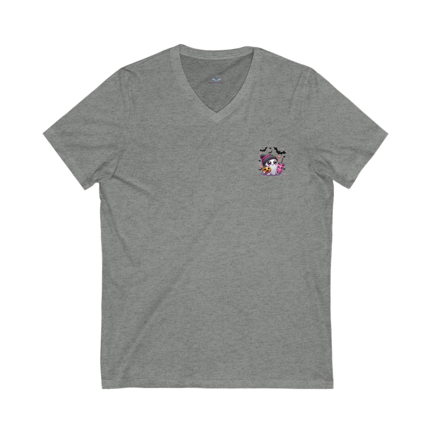 Gray t-shirt with a small graphic on the chest against a white background
