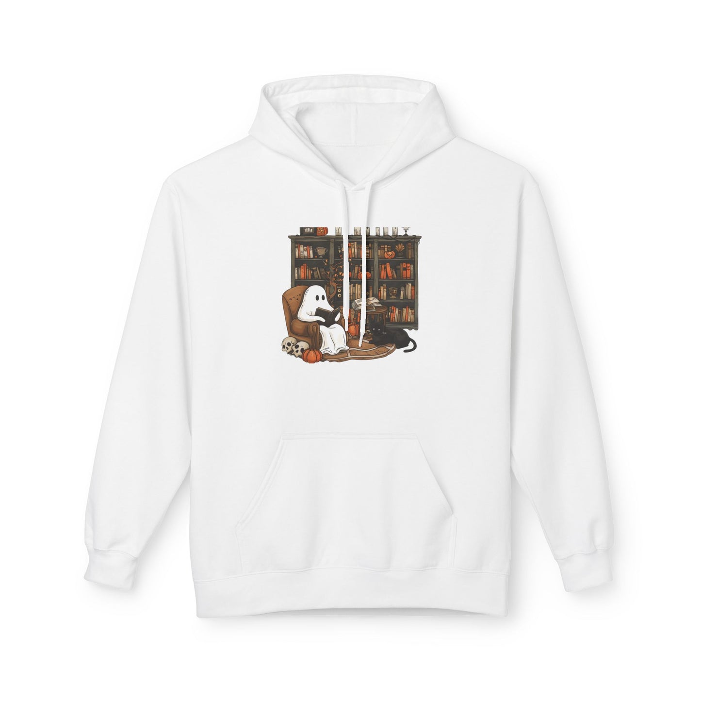 White hoodie with a graphic of a dog and ghost in a library on a white background