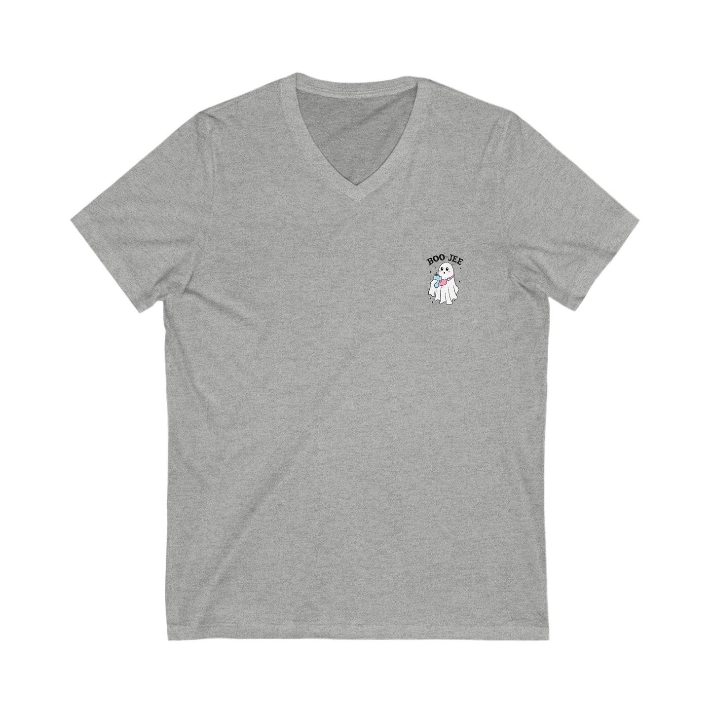 Gray t-shirt with a small logo on the chest against a white background