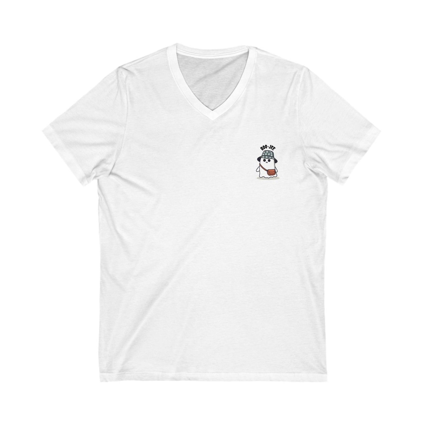 White V-neck t-shirt with a small graphic on the chest against a white background