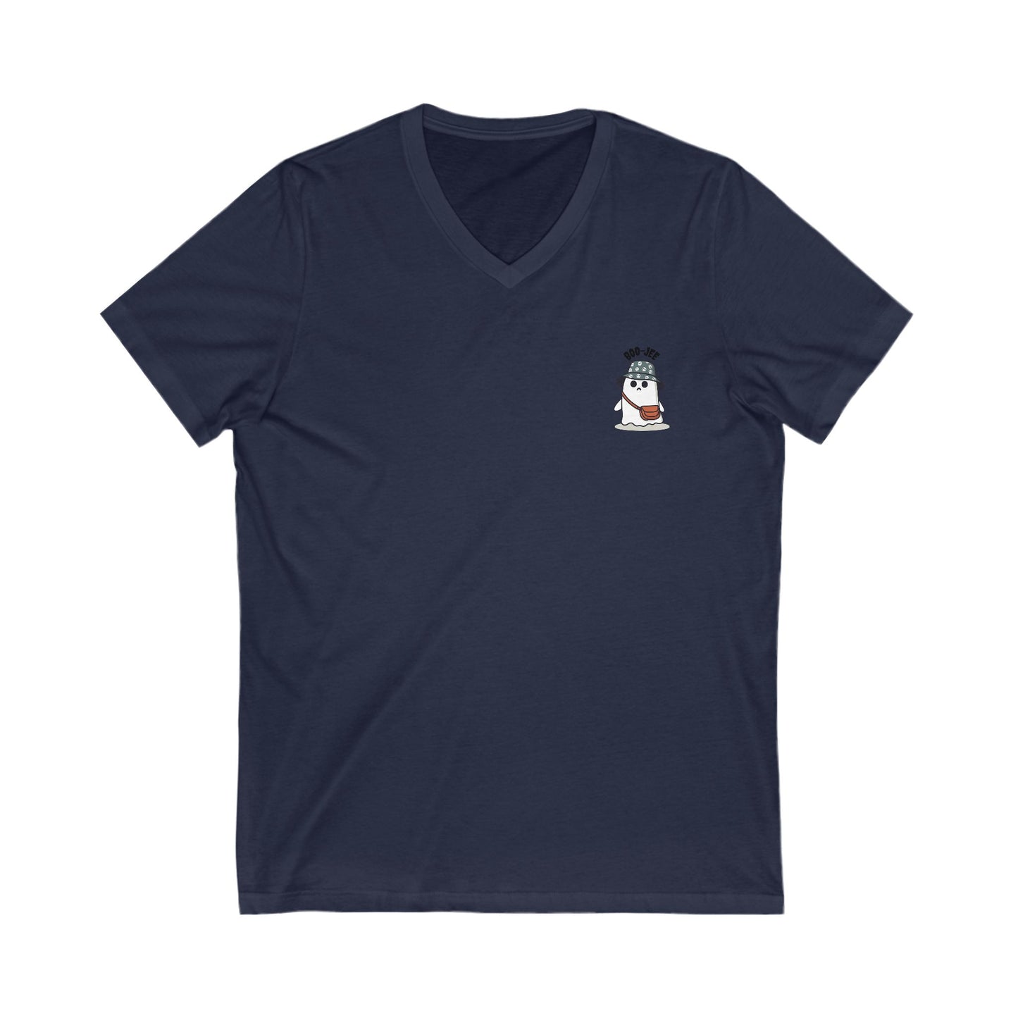 Navy blue t-shirt with a small white graphic on the chest against a white background