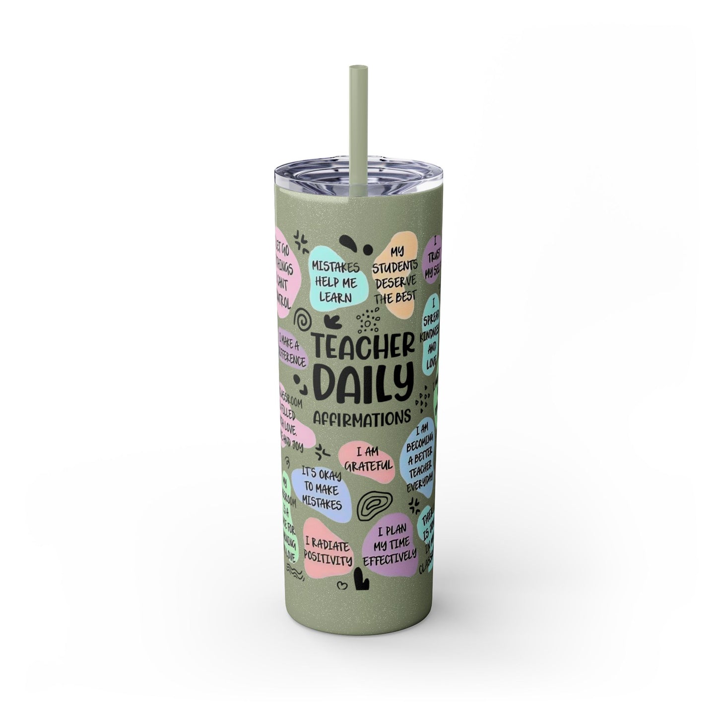 Tumbler with colorful text and design on a white background