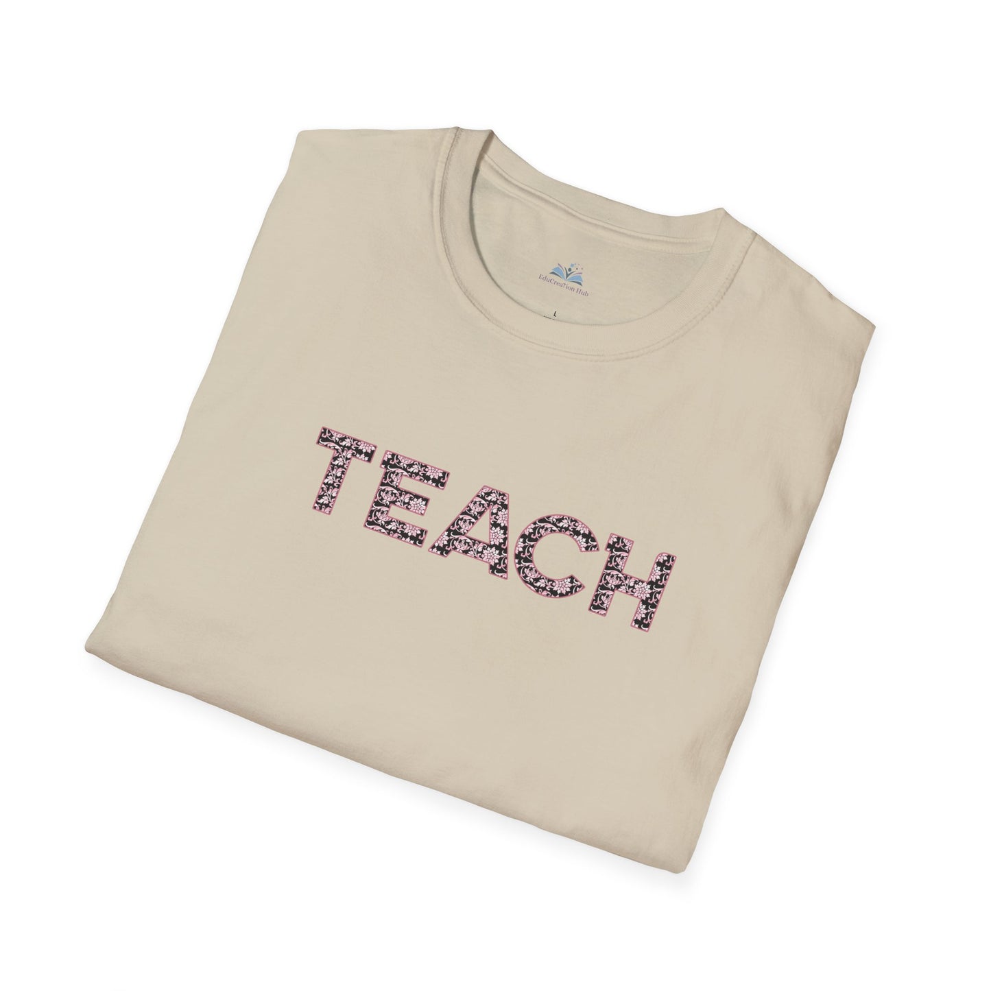 Beige t-shirt with 'TEACH' text on a white background