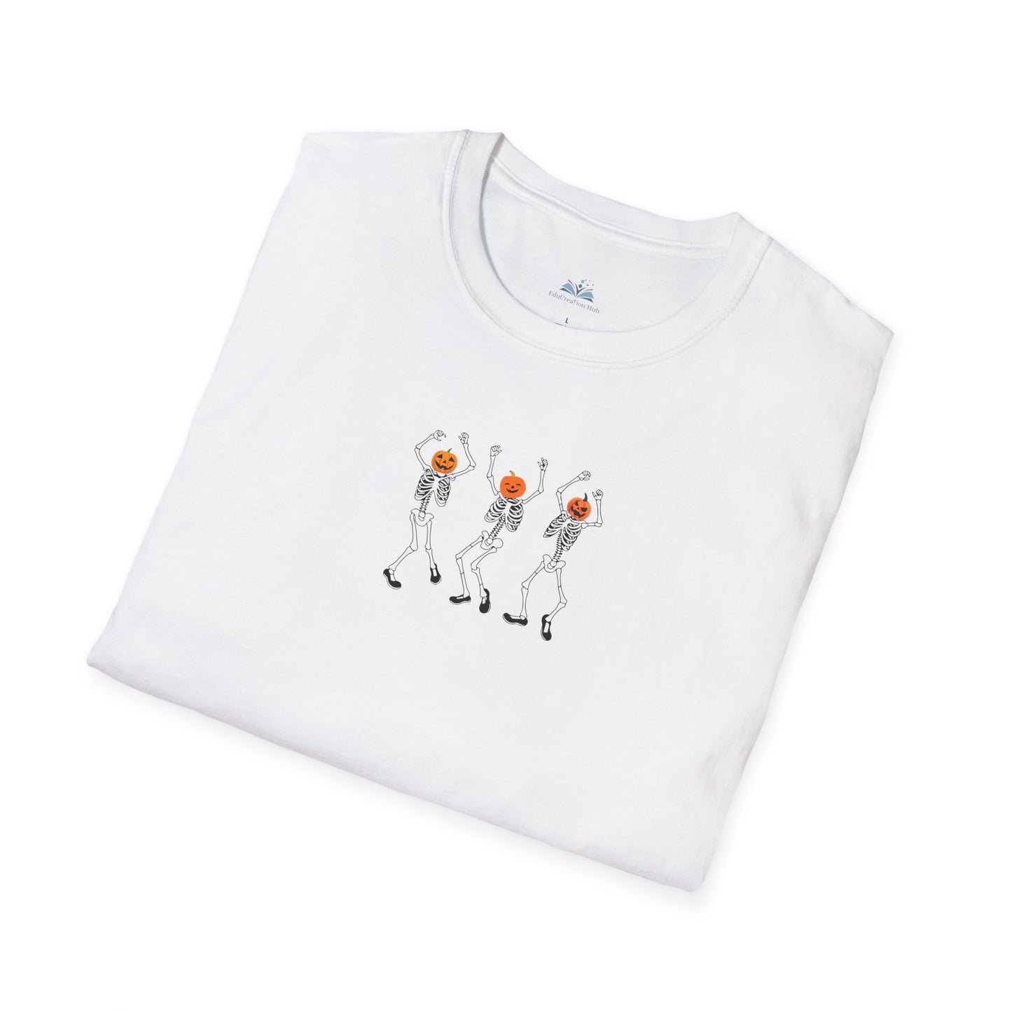 White t-shirt with skeleton design on a white background