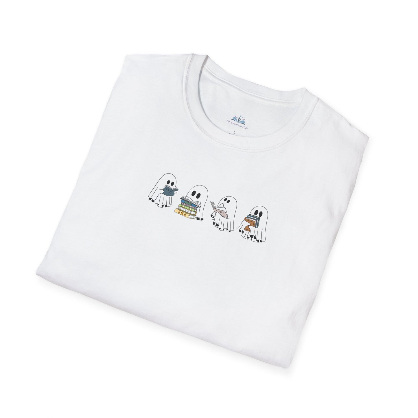 Folded white t-shirt with cartoon ghost design on a white background