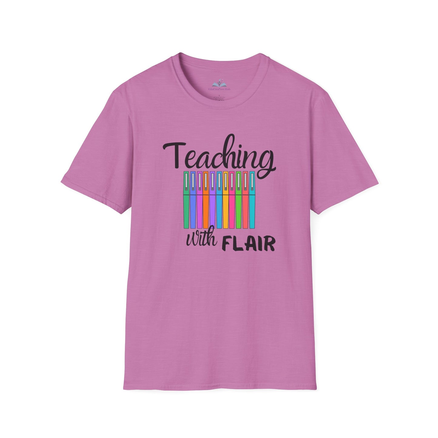Pink t-shirt with 'Teaching with Flair' text and colorful pencils design on a white background