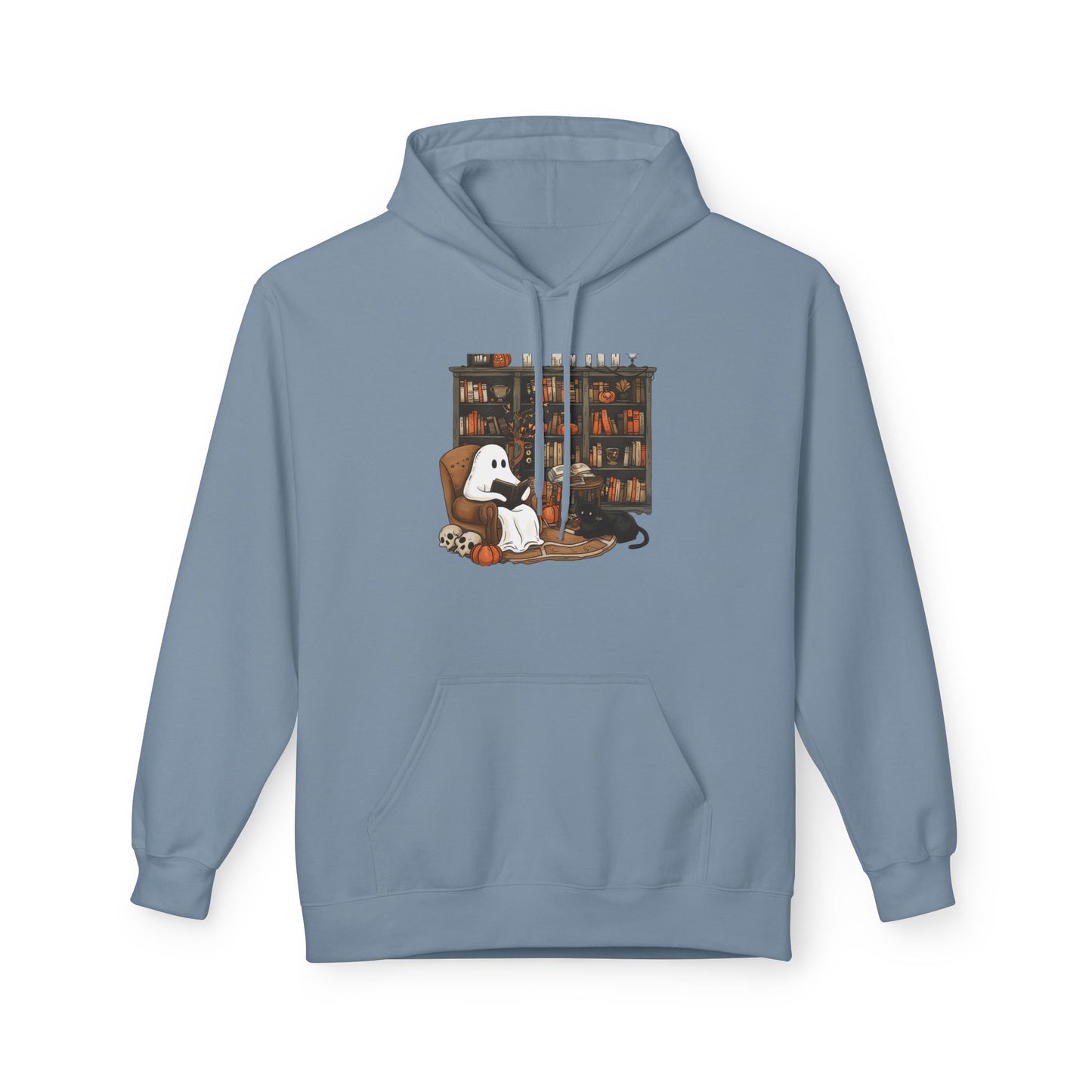 Blue hoodie with a graphic of a ghost, dog, and cat in a library on a white background