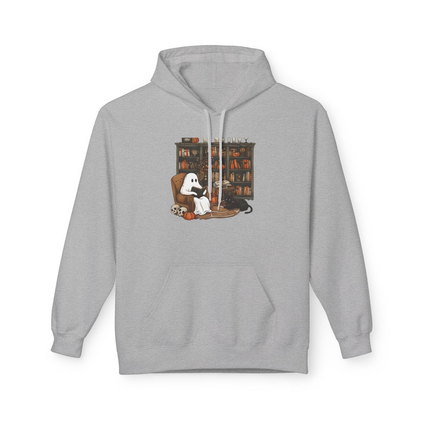 Gray hoodie with a graphic of a ghost and dog in a library on a white background