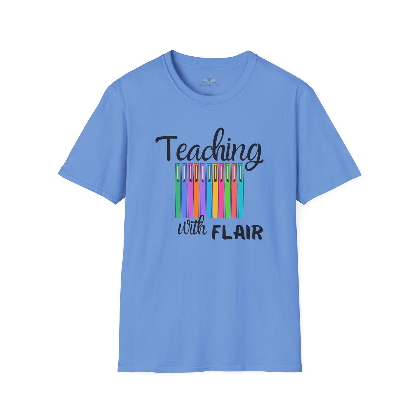 Blue t-shirt with 'Teaching with Flair' text and colorful design on a white background