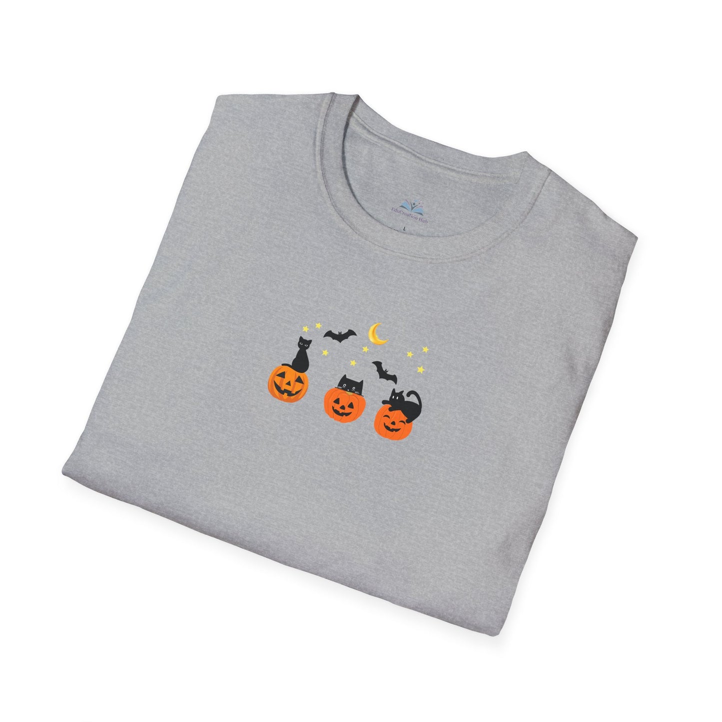 Folded gray t-shirt with Halloween-themed design on a white background