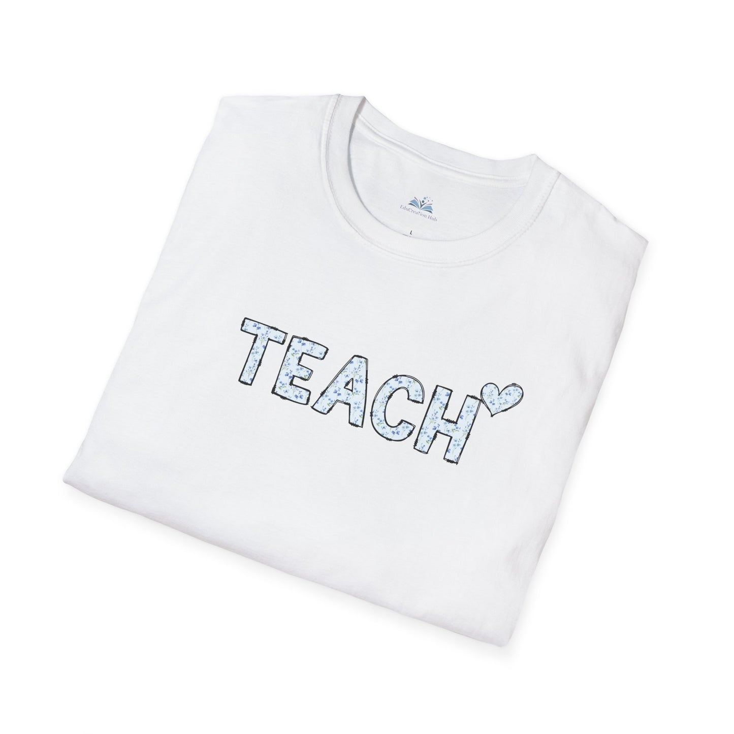 White t-shirt with 'TEACH' text on a white background