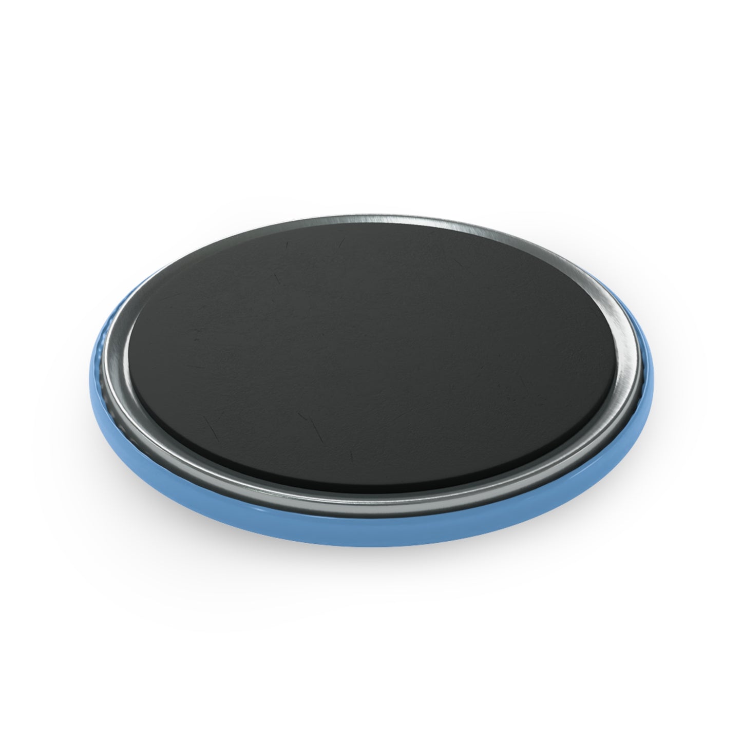 Round black object with blue rim on a white background