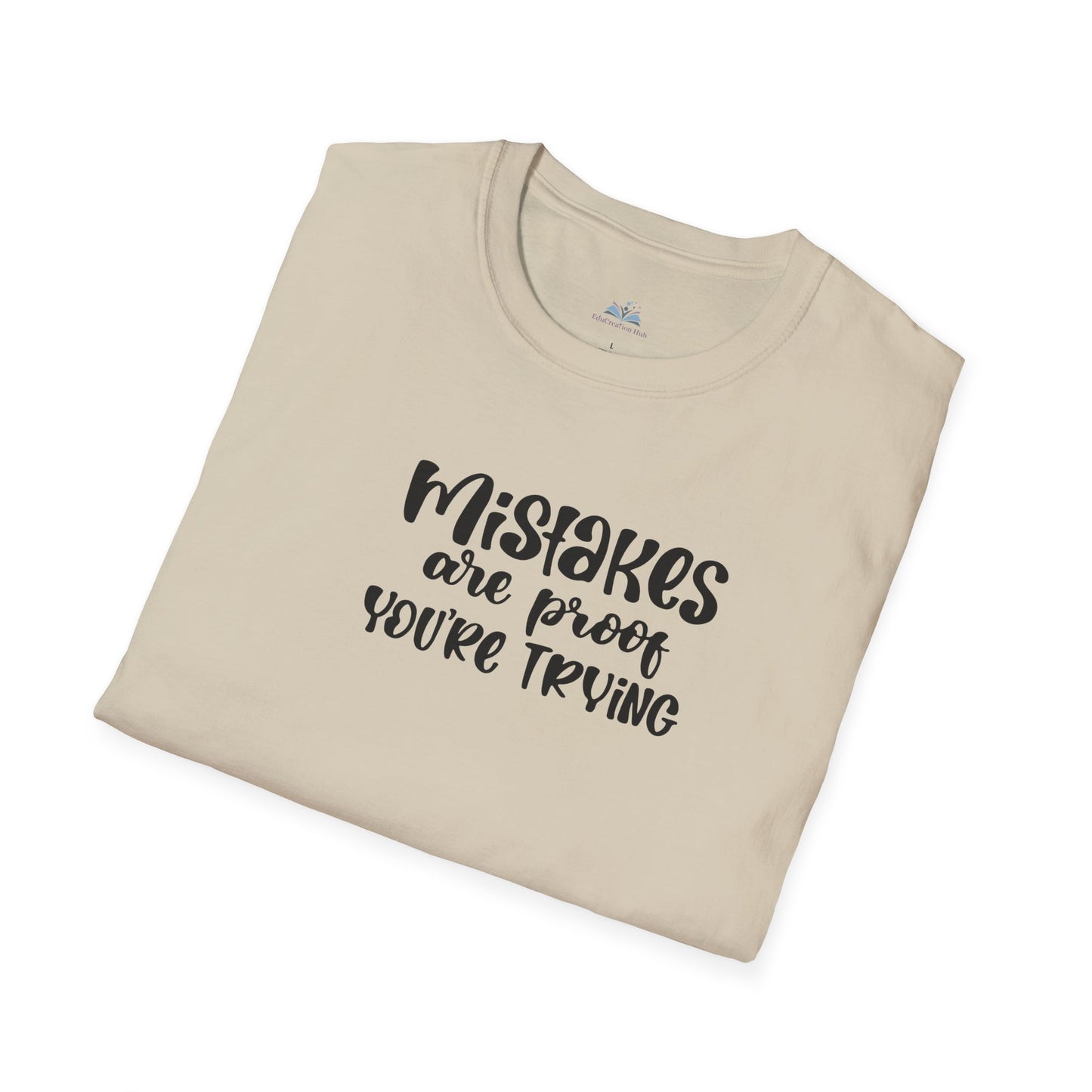 Beige t-shirt with black text on a white background